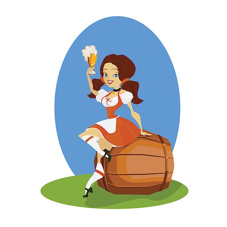 smiling cartoon cute pinup beer girl in dirndl  on pin of beer with bocal ant bretzel Stock Photo - Budget Royalty-Free & Subscription, Code: 400-08195046