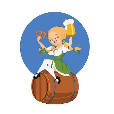 smiling cartoon cute pinup beer girl in dirndl  on pin of beer with bocal ant bretzel Stock Photo - Budget Royalty-Free & Subscription, Code: 400-08195047