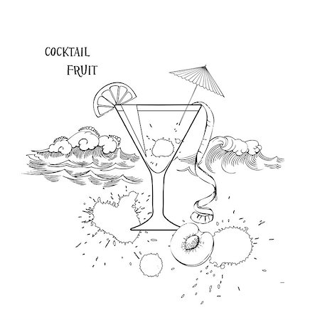 party beverage sketches - Cocktail glass with fruit. Sketches black and white. Vector Illustration Stock Photo - Budget Royalty-Free & Subscription, Code: 400-08195224