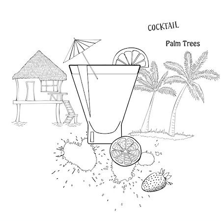 party beverage sketches - Cocktail glass with fruit. Sketches black and white. Vector Illustration Stock Photo - Budget Royalty-Free & Subscription, Code: 400-08195221