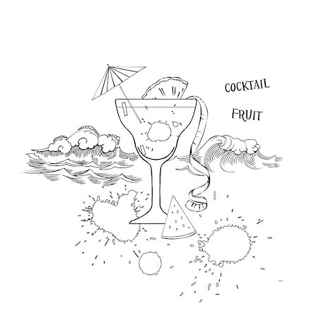 party beverage sketches - Cocktail glass with fruit. Sketches black and white. Vector Illustration Stock Photo - Budget Royalty-Free & Subscription, Code: 400-08195222