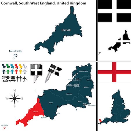 simsearch:400-08198206,k - Vector map of Cornwall in South West England, United Kingdom with regions and flags Photographie de stock - Aubaine LD & Abonnement, Code: 400-08195234