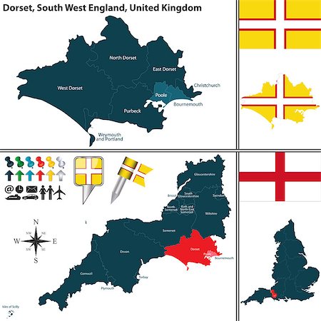 simsearch:400-08198216,k - Vector map of Dorset in South West England, United Kingdom with regions and flags Stock Photo - Budget Royalty-Free & Subscription, Code: 400-08195235