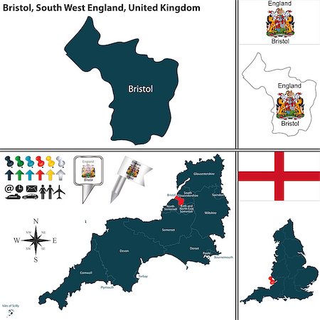 simsearch:400-08198216,k - Vector map of Bristol in South West England, United Kingdom with regions and flags Stock Photo - Budget Royalty-Free & Subscription, Code: 400-08195230