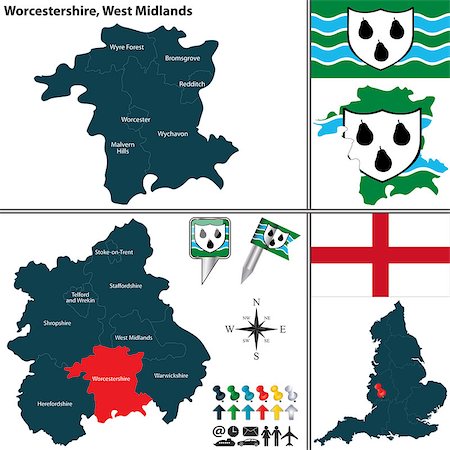 simsearch:400-08198214,k - Vector map of Worcestershire in West Midlands, United Kingdom with regions and flags Stock Photo - Budget Royalty-Free & Subscription, Code: 400-08195256