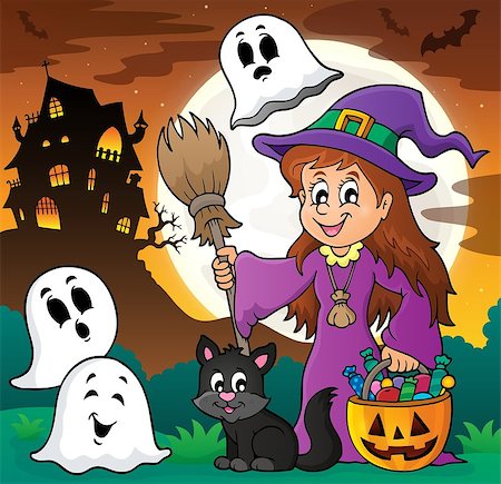 simsearch:400-04133143,k - Cute witch and cat with ghosts 1 - eps10 vector illustration. Stock Photo - Budget Royalty-Free & Subscription, Code: 400-08195441