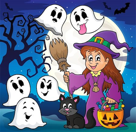 simsearch:400-04133143,k - Cute witch and cat with ghosts 2 - eps10 vector illustration. Stock Photo - Budget Royalty-Free & Subscription, Code: 400-08195442