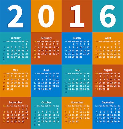 simsearch:400-08194861,k - Calendar 2016 year in flat color. Vector illustration Fotografie stock - Microstock e Abbonamento, Codice: 400-08195624