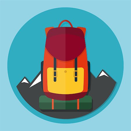 education camp - Backpack with mountains flat style vector illustration icon over blue background Stock Photo - Budget Royalty-Free & Subscription, Code: 400-08195698