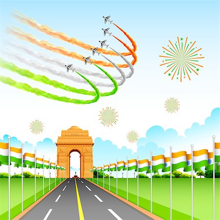 illustration of airplane making Indian tricolor flag around India Gate Stock Photo - Budget Royalty-Free & Subscription, Code: 400-08195708