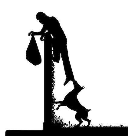 EPS8 editable vector silhouette of a guard dog stopping a thief from escaping over a high garden wall with figures as separate objects Fotografie stock - Microstock e Abbonamento, Codice: 400-08195828