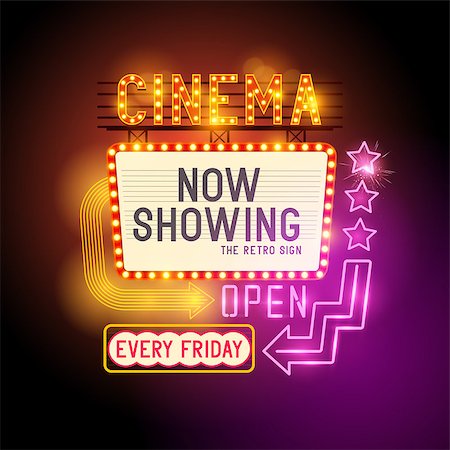 Retro Showtime Sign. Theatre cinema retro sign with glowing neon signs. Vector illustration. Stock Photo - Budget Royalty-Free & Subscription, Code: 400-08195964