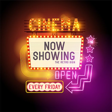 simsearch:400-07679281,k - Retro Showtime Sign. Theatre cinema retro sign with glowing neon signs. Vector illustration. Foto de stock - Royalty-Free Super Valor e Assinatura, Número: 400-08195964