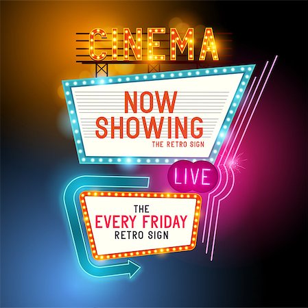 simsearch:400-07679281,k - Retro Showtime Sign. Theatre cinema retro sign with glowing neon signs. Vector illustration. Foto de stock - Royalty-Free Super Valor e Assinatura, Número: 400-08195965