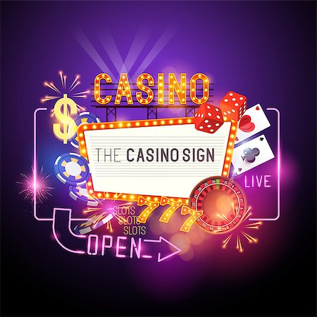 simsearch:400-07679281,k - Casino Party Vector - Role the dice - Win big! Casino vector illustration design with poker, playing cards, slots and roulette. Glowing Casino sign. Layered illustration. Foto de stock - Royalty-Free Super Valor e Assinatura, Número: 400-08195966