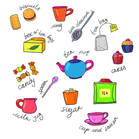 bright colors tea cup and teapot, and other items with inscriptions Stock Photo - Budget Royalty-Free & Subscription, Code: 400-08196012