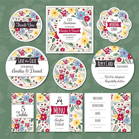 simsearch:400-08346659,k - Set of floral wedding cards vector illustration Stockbilder - Microstock & Abonnement, Bildnummer: 400-08196124