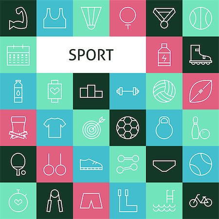Vector Flat Line Art Modern Sports and Recreation Icons Set. Fitness Icons Set over Colorful Tile. Vector Set of 36 Sport Competition and Exercise Modern Line Icons for Web and Mobile. Stock Photo - Budget Royalty-Free & Subscription, Code: 400-08196155