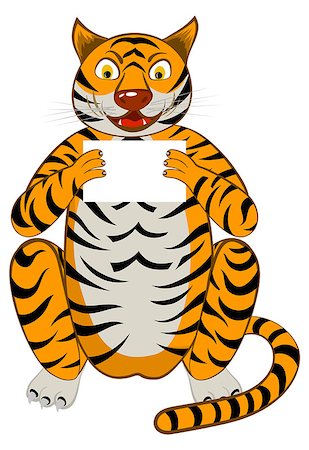 simsearch:400-05184314,k - Funny Cartoon Character Tiger Sitting  on a Floor and Holding White Sheet in Hands Over White Background. Hand Drawn in Front View Elegant Cute Design. Vector illustration. Stockbilder - Microstock & Abonnement, Bildnummer: 400-08196355