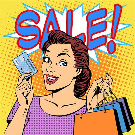 simsearch:400-08195950,k - A woman purchases discounts credit card sale. Goods shops buyer girl retro style pop art Fotografie stock - Microstock e Abbonamento, Codice: 400-08196561