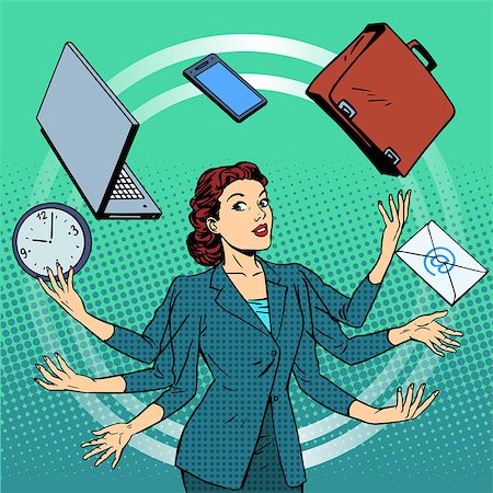 simsearch:400-08195950,k - Businesswoman many hands business idea time management. Business people in the office. Retro style pop art Fotografie stock - Microstock e Abbonamento, Codice: 400-08196578