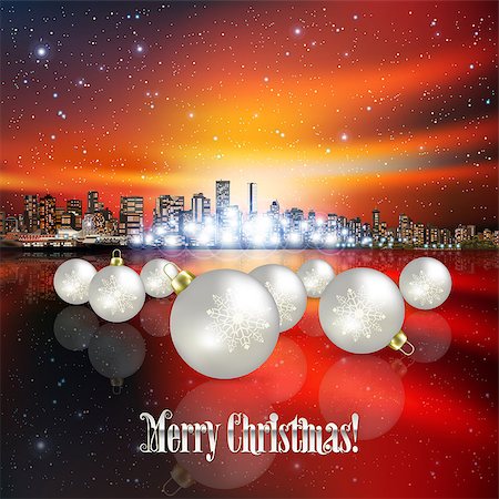 Abstract Christmas illustration with white decorations and panorama of city Stock Photo - Budget Royalty-Free & Subscription, Code: 400-08196771