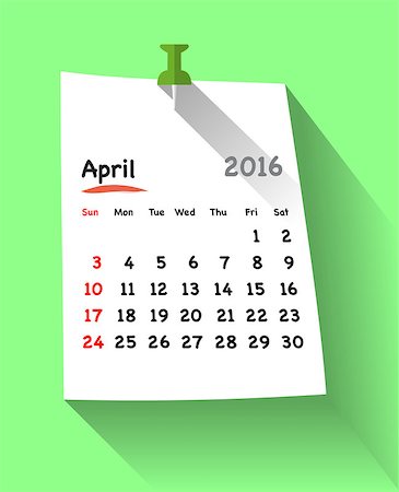 simsearch:400-08194861,k - Flat design calendar for april 2016 on sticky note attached with green pin. Sundays first. Vector illustration Foto de stock - Royalty-Free Super Valor e Assinatura, Número: 400-08197007