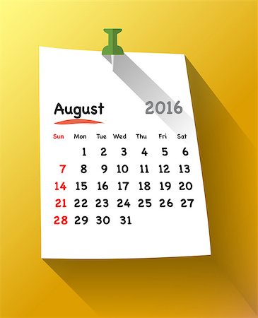 simsearch:400-08194861,k - Flat design calendar for august 2016 on sticky note attached with green pin. Sundays first. Vector illustration Fotografie stock - Microstock e Abbonamento, Codice: 400-08197008