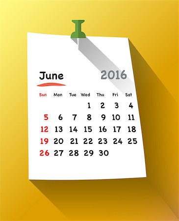 simsearch:400-08262897,k - Calendar for june 2016 on orange sticky note attached with red pin. Sundays first. Vector illustration Fotografie stock - Microstock e Abbonamento, Codice: 400-08197014