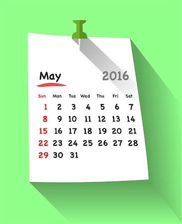 simsearch:400-08194861,k - Flat design calendar for may 2016 on sticky note attached with green pin. Sundays first. Vector illustration Fotografie stock - Microstock e Abbonamento, Codice: 400-08197016