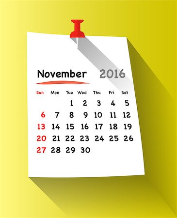 simsearch:400-08194861,k - Flat design calendar for november 2016 on sticky note attached with red pin. Sundays first. Vector illustration Fotografie stock - Microstock e Abbonamento, Codice: 400-08197017