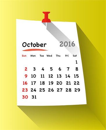 simsearch:400-08262900,k - Flat design calendar for october 2016 on sticky note attached with red pin. Sundays first. Vector illustration Fotografie stock - Microstock e Abbonamento, Codice: 400-08197018