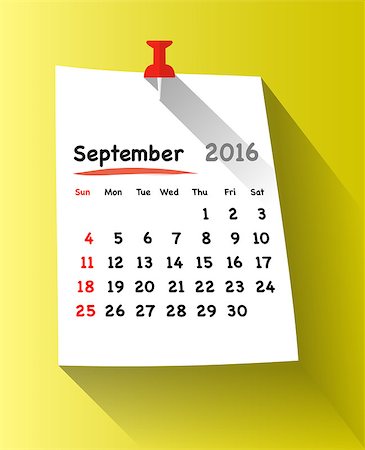 simsearch:400-08262900,k - Flat design calendar for september 2016 on sticky note attached with red pin. Sundays first. Vector illustration Fotografie stock - Microstock e Abbonamento, Codice: 400-08197019