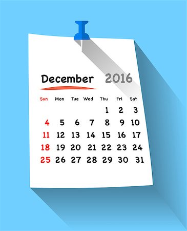 simsearch:400-08194861,k - Flat design calendar for december 2016 on sticky note attached with blue pin. Sundays first. Vector illustration Fotografie stock - Microstock e Abbonamento, Codice: 400-08197010