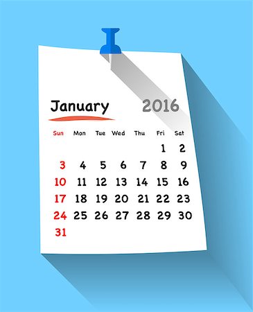 simsearch:400-08194861,k - Flat design calendar for january 2016 on sticky note attached with blue pin. Sundays first. Vector illustration Foto de stock - Royalty-Free Super Valor e Assinatura, Número: 400-08197012