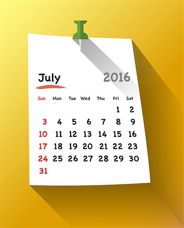 simsearch:400-08262897,k - Flat design Calendar for july 2016 sticky note attached with green pin. Sundays first. Vector illustration Fotografie stock - Microstock e Abbonamento, Codice: 400-08197013