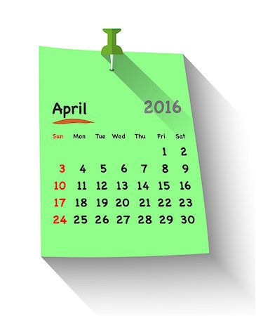 simsearch:400-08262897,k - Flat design calendar for april 2016 on sticky note attached with green pin. Sundays first. Vector illustration Fotografie stock - Microstock e Abbonamento, Codice: 400-08197189