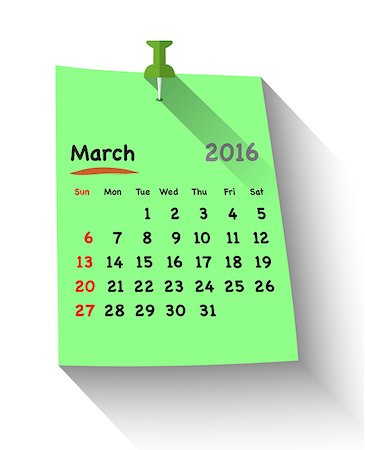 simsearch:400-08262900,k - Flat design calendar for march 2016 on sticky note attached with green pin. Sundays first. Vector illustration Fotografie stock - Microstock e Abbonamento, Codice: 400-08197196