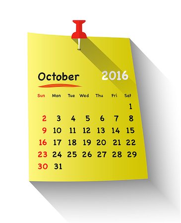 simsearch:400-08262900,k - Flat design calendar for october 2016 on sticky note attached with red pin. Sundays first. Vector illustration Fotografie stock - Microstock e Abbonamento, Codice: 400-08197199