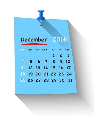 simsearch:400-08194861,k - Flat design calendar for december 2016 on sticky note attached with blue pin. Sundays first. Vector illustration Fotografie stock - Microstock e Abbonamento, Codice: 400-08197191