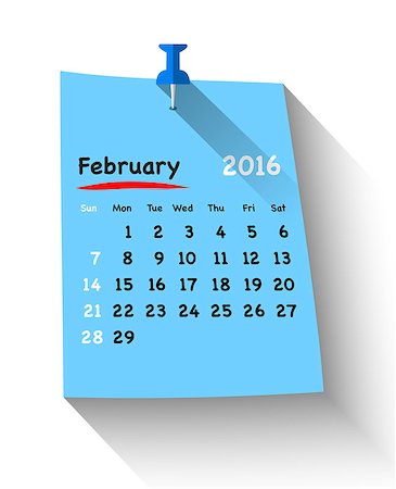 simsearch:400-08194861,k - Flat design calendar for february 2016 on sticky note attached with blue pin. Sundays first. Vector illustration Fotografie stock - Microstock e Abbonamento, Codice: 400-08197192