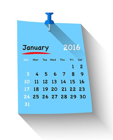 simsearch:400-08194861,k - Flat design calendar for january 2016 on sticky note attached with blue pin. Sundays first. Vector illustration Fotografie stock - Microstock e Abbonamento, Codice: 400-08197193