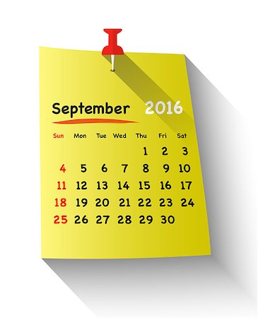 simsearch:400-08262900,k - Flat design calendar for september 2016 on sticky note attached with red pin. Sundays first. Vector illustration Fotografie stock - Microstock e Abbonamento, Codice: 400-08197200