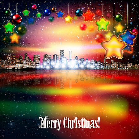 Abstract stars Christmas illustration with panorama of city and color decorations Stock Photo - Budget Royalty-Free & Subscription, Code: 400-08197538