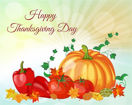 simsearch:400-08196096,k - Thanksgiving Day Greeting Card. Design Consist From Pumpkin, Pepper, Tomato, Maple Leaves Over Autumn Sky With Sun Rays and Flares.  Very Cute and Warm Colors. Vector illustration. Photographie de stock - Aubaine LD & Abonnement, Code: 400-08197590