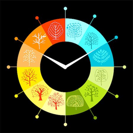 simsearch:400-08379558,k - Seasons concept, trees on watches, sketch for your design. Vector illustration Fotografie stock - Microstock e Abbonamento, Codice: 400-08197700