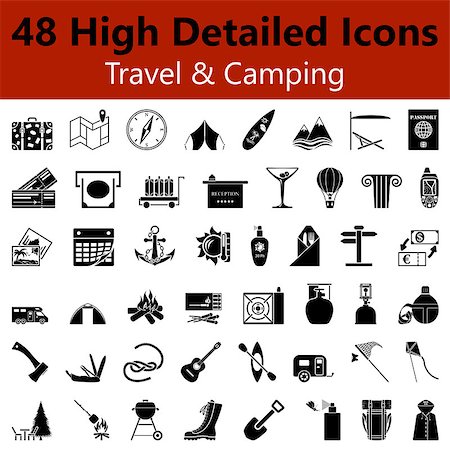 simsearch:400-08096778,k - Set of High Detailed Travel and Camping Smooth Icons in Black Colors. Suitable For All Kind of Design (Web Page, Interface, Advertising, Polygraph and Other). Vector Illustration. Stock Photo - Budget Royalty-Free & Subscription, Code: 400-08197854