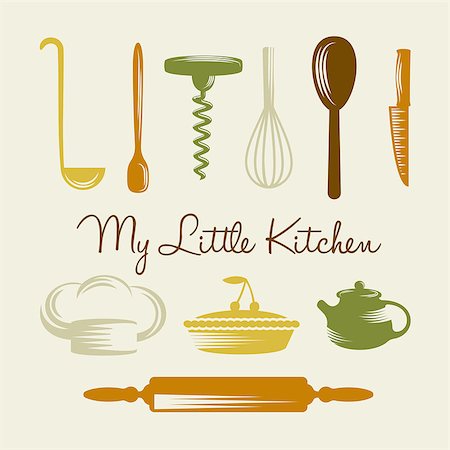 Various kitchen utensils, chief hat and cherry cake Stockbilder - Microstock & Abonnement, Bildnummer: 400-08198138