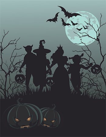 simsearch:400-05699469,k - Halloween background with silhouettes of children trick or treating Stock Photo - Budget Royalty-Free & Subscription, Code: 400-08198147