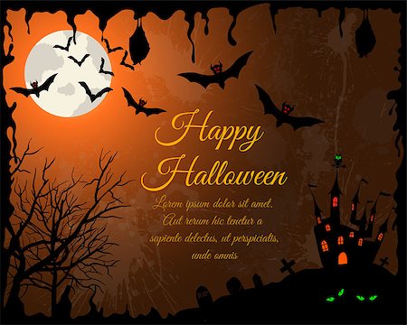 simsearch:400-05229027,k - Happy Halloween Greeting Card. Elegant Design With Castle, Bats, Owl, Grave and Cemetery, Tree Over Grunge Orange Background With Ink Blots. Vector illustration. Stock Photo - Budget Royalty-Free & Subscription, Code: 400-08198151